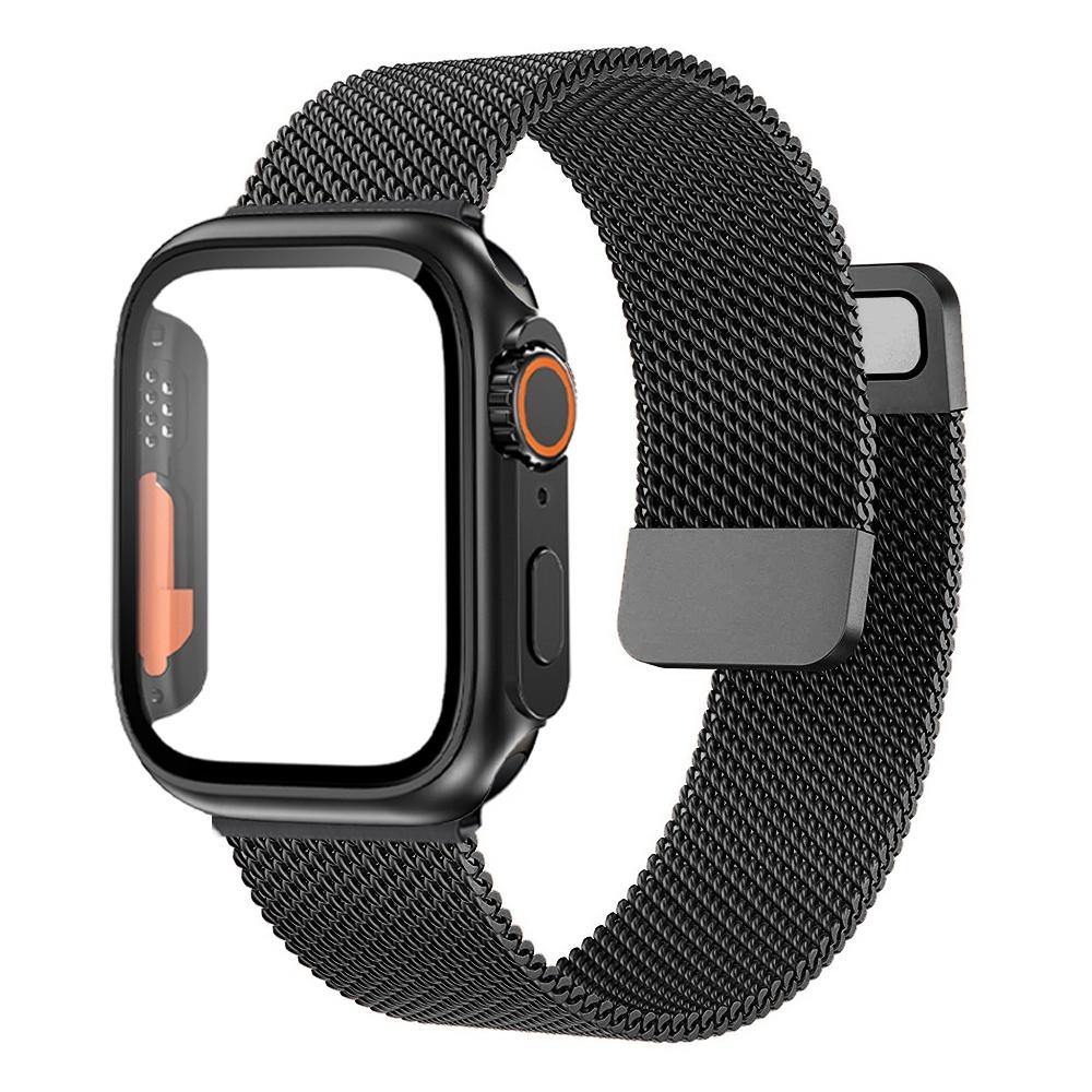 Стекло + чехол + ремешок для Apple Watch Band 44 мм, 40 мм, 45 мм, 41 мм, чехол + браслет-миланская петля Correa iWatch series 7 se 6 8 ultra