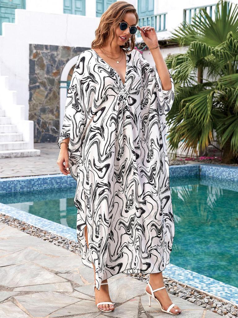 European & American Cotton Print Plus Size Loose Beach Dress Cover-Up for Women