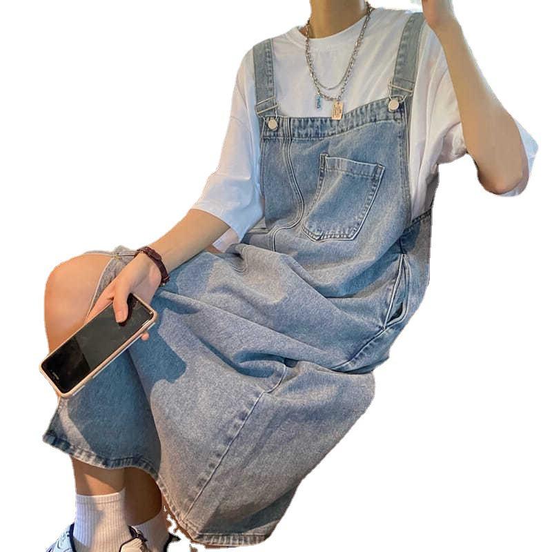 "Women's Summer Loose Long Denim Suspender Skirt with Irregular Slit"