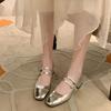Leather~ Silver Mary Jane Single Shoes Women'S Versatile Square Head Light Mouth Small Leather Shoes French Retro One-Word With High Heels