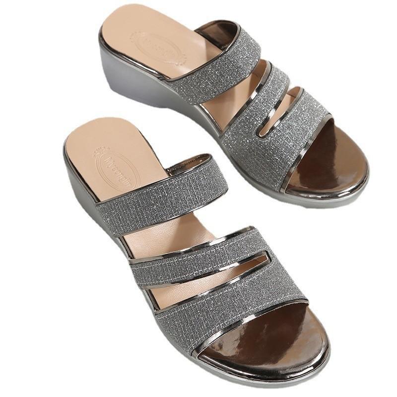 Women's Summer New Wedge Heel Sandals Women's Sequins Open Toe Roman Sandals Thick Sole Sandals