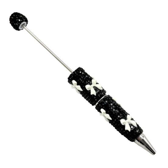 DIY Beadable Pen Glitter Ballpoint Pen, Rhinestone Bow Beaded Handmade Supplies Bling Black Ink Pens for Making, School Office Cute Desk Accessories
