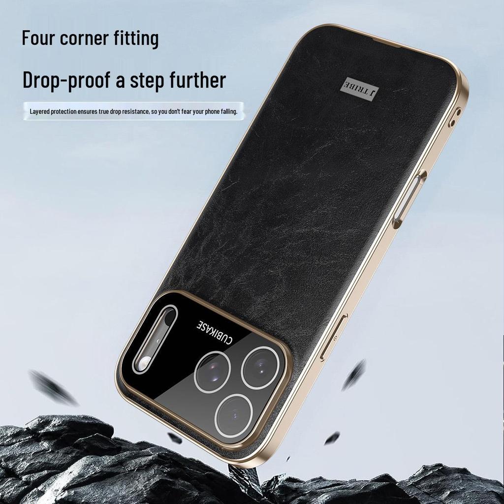 Гальванизированный кожаный чехол для телефона для iPhone 17 Pro Max: Защита от падений, Текстура кожи с восковым покрытием, Совместим с iPhone 16