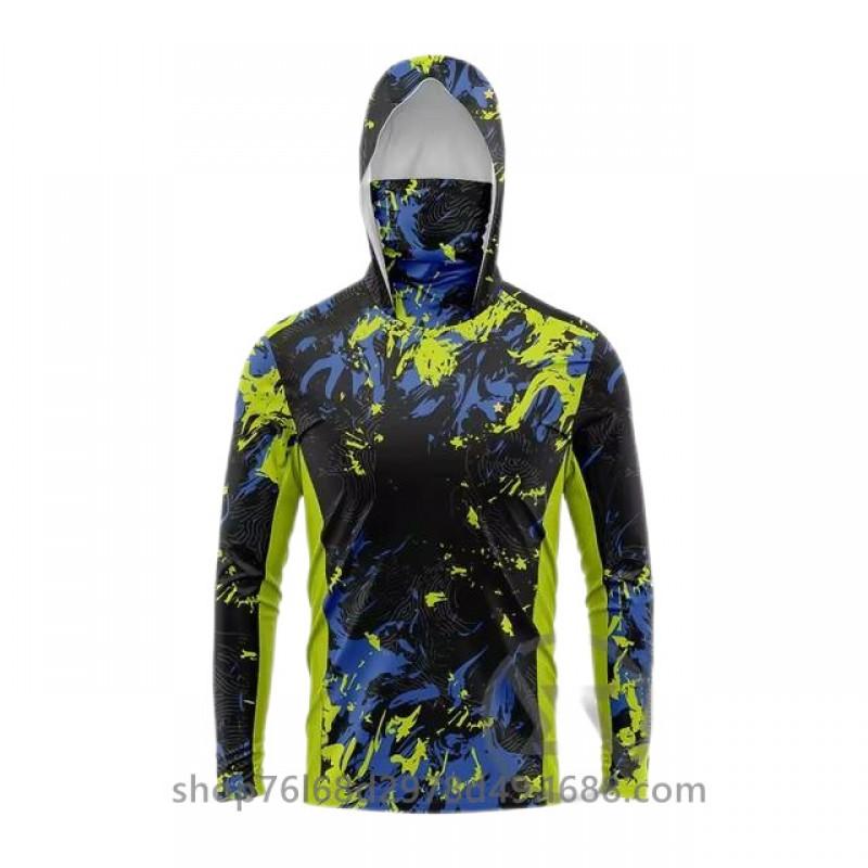 Mens Quick-Dry Ice Silk Long Sleeve Fishing Shirt With Hood Integrated Face Cover Camo Outdoor Performance Top