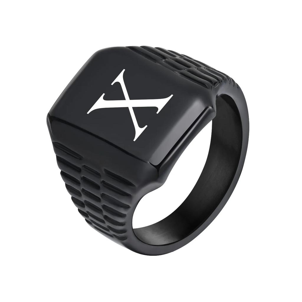 Стильное мужское кольцо с печаткой, водонепроницаемое черное кольцо на палец из нержавеющей стали с индивидуальной буквой от AMS до Z