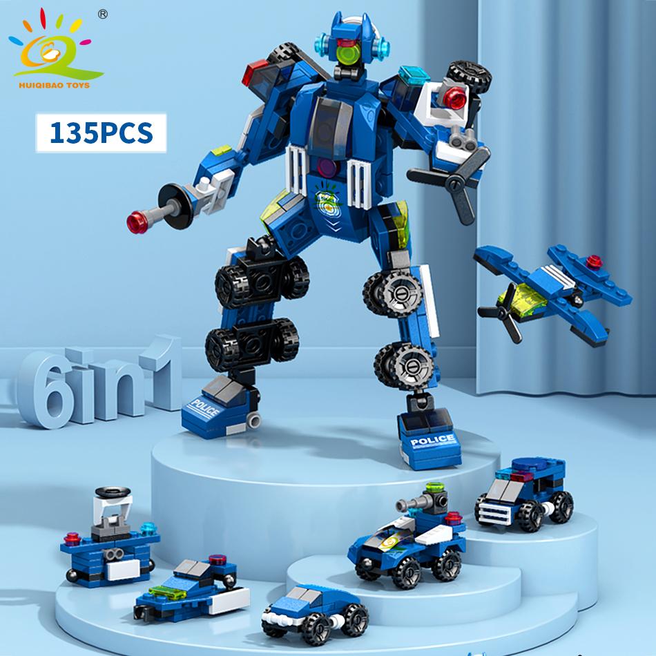 HUIQIBAO 6IN1 City Engineering Car Police Truck Building Blocks Tank Helicopter Bricks Fire Fighting Set Toys for Children