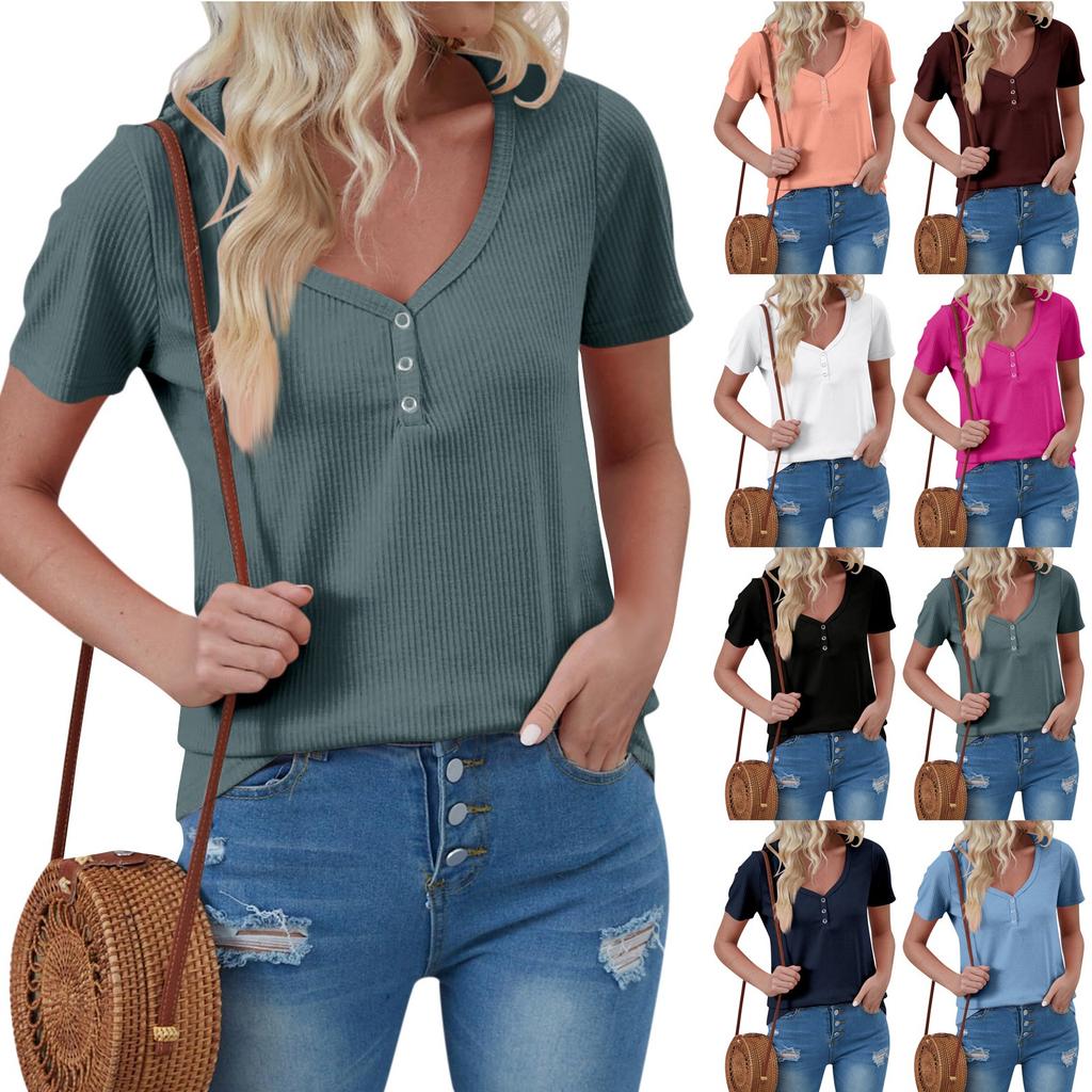 Women's Short Sleeve Solid Color Tops Casual Short Sleeve Tops For Women Summer Button T Shirts Blouse