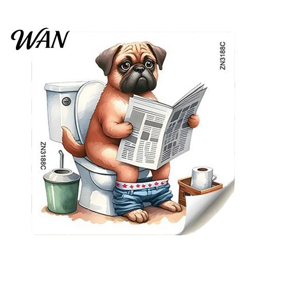 Long-lasting Toilet Decal Cute Animal Reading Newspaper Sticker, Funny Cartoon Waterproof Decoration Sticker Self-Adhesive Tank Lid for Bathroom PVC