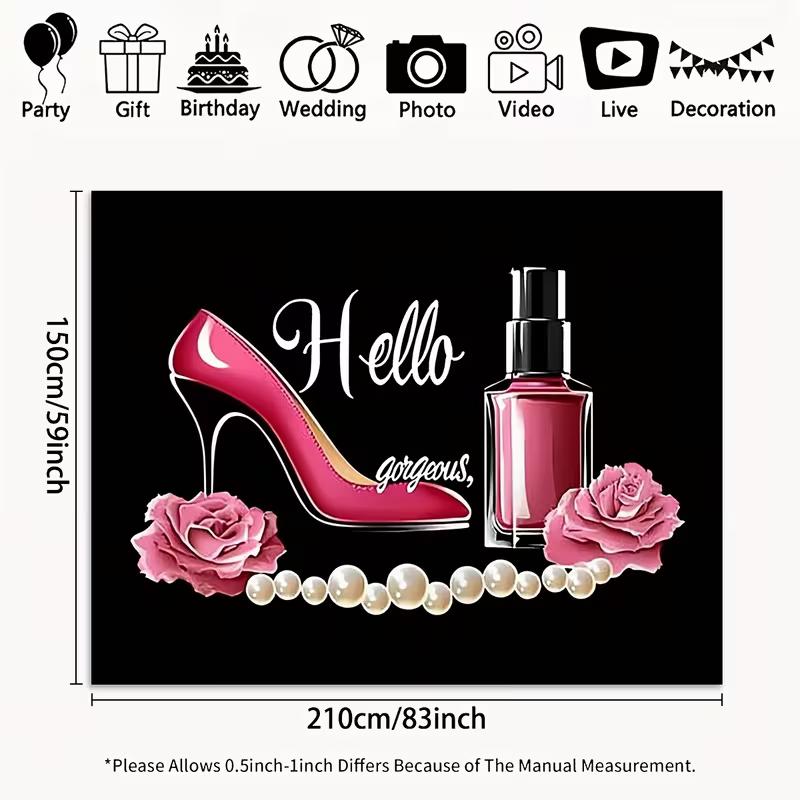 2D Black Fashion Beauty Backdrop Pink Heels, Roses & Pearls Studio Photography Background
