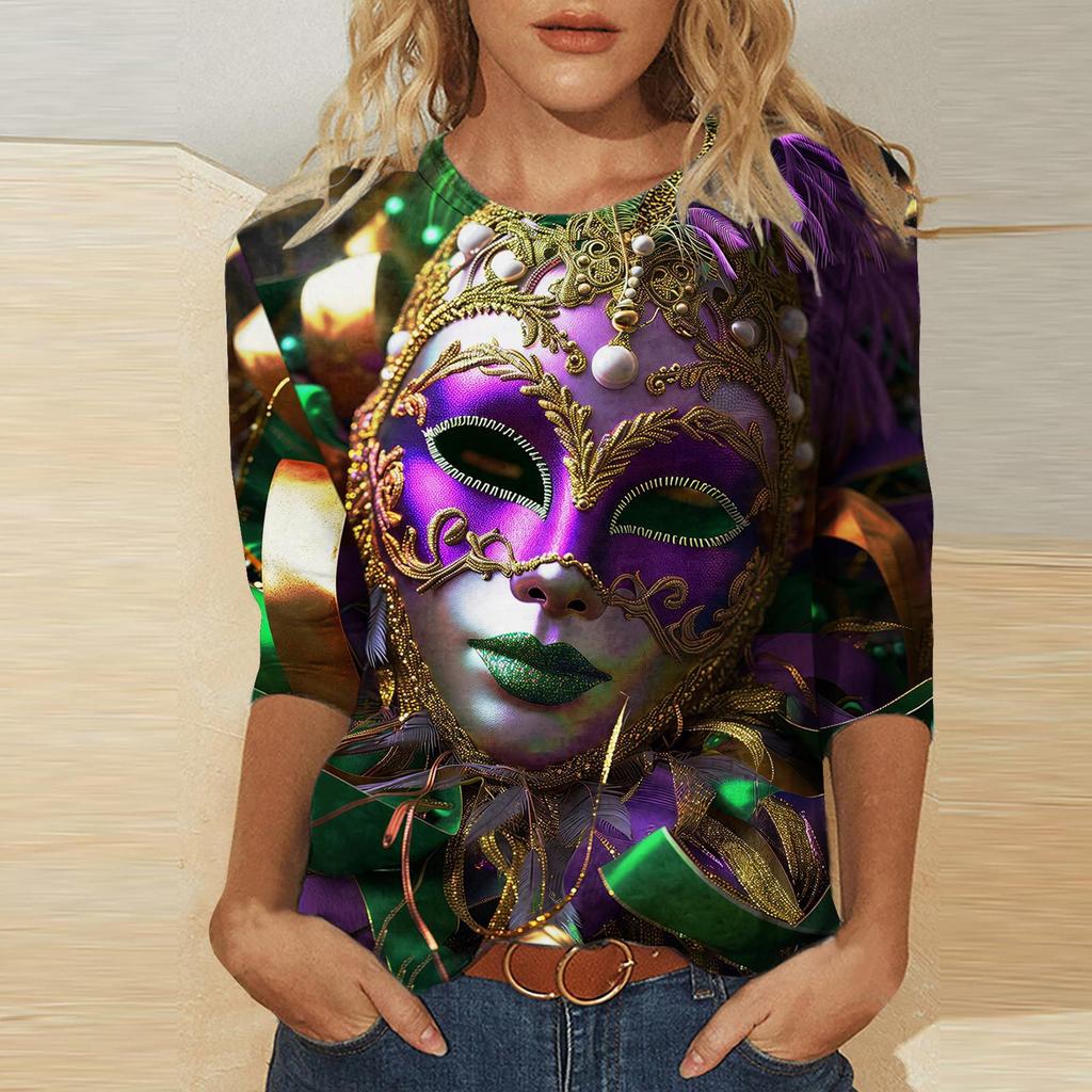 Round Neck 3D Mask Printed Top Fashionable Casual Long Sleeved Women's T-shirts