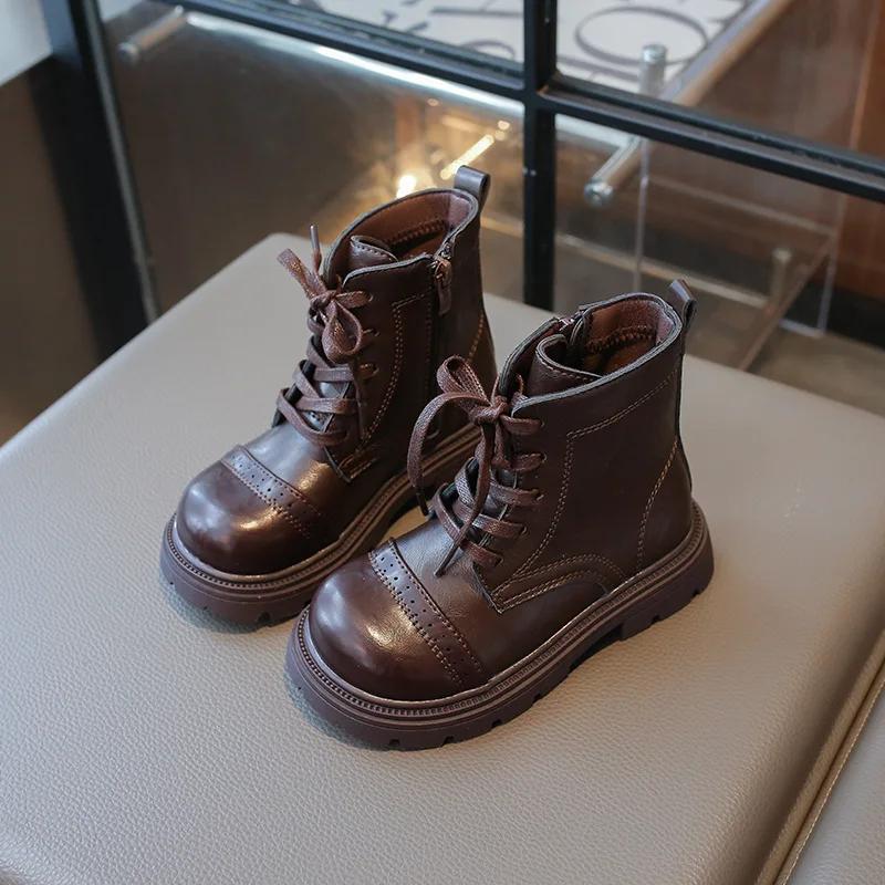 Детские ботинки весна-осень, простые ботильоны для девочек на платформе, модные, с круглым носком, новые, универсальные, детские, повседневные, черные кожаные ботинки