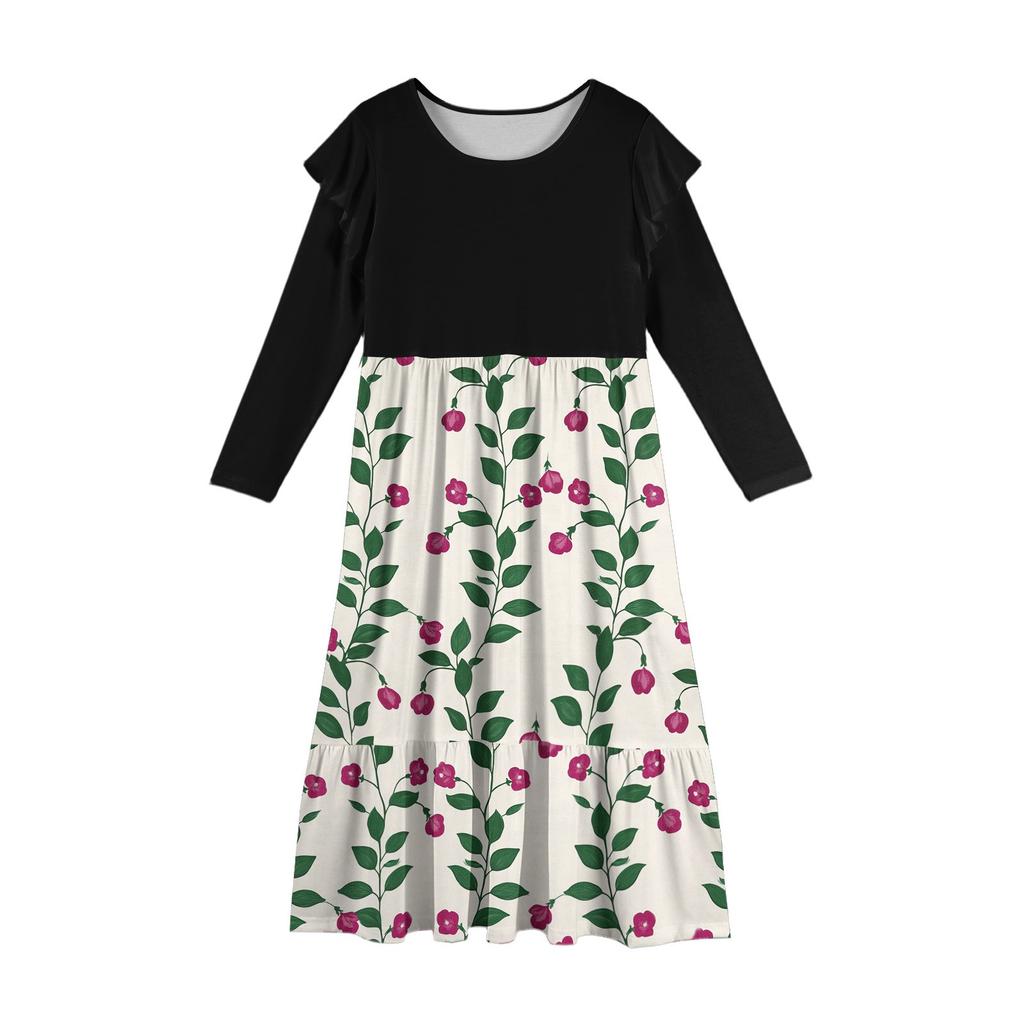 Girls' Tiered Ruffle Dress - Long Sleeve Printed Maxi With Pockets