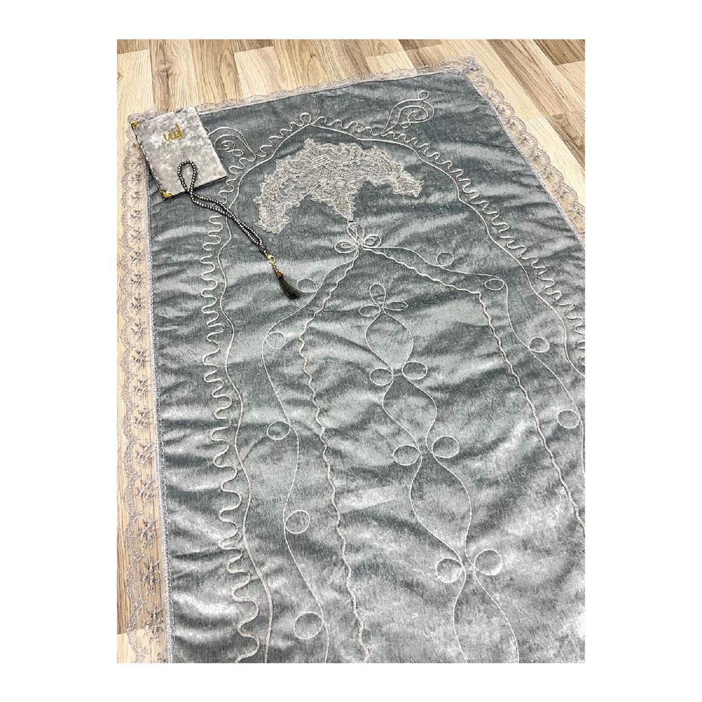 French Laced 3 Piece Embroidered Velvet Dowry Bridal Set Prayer Rug