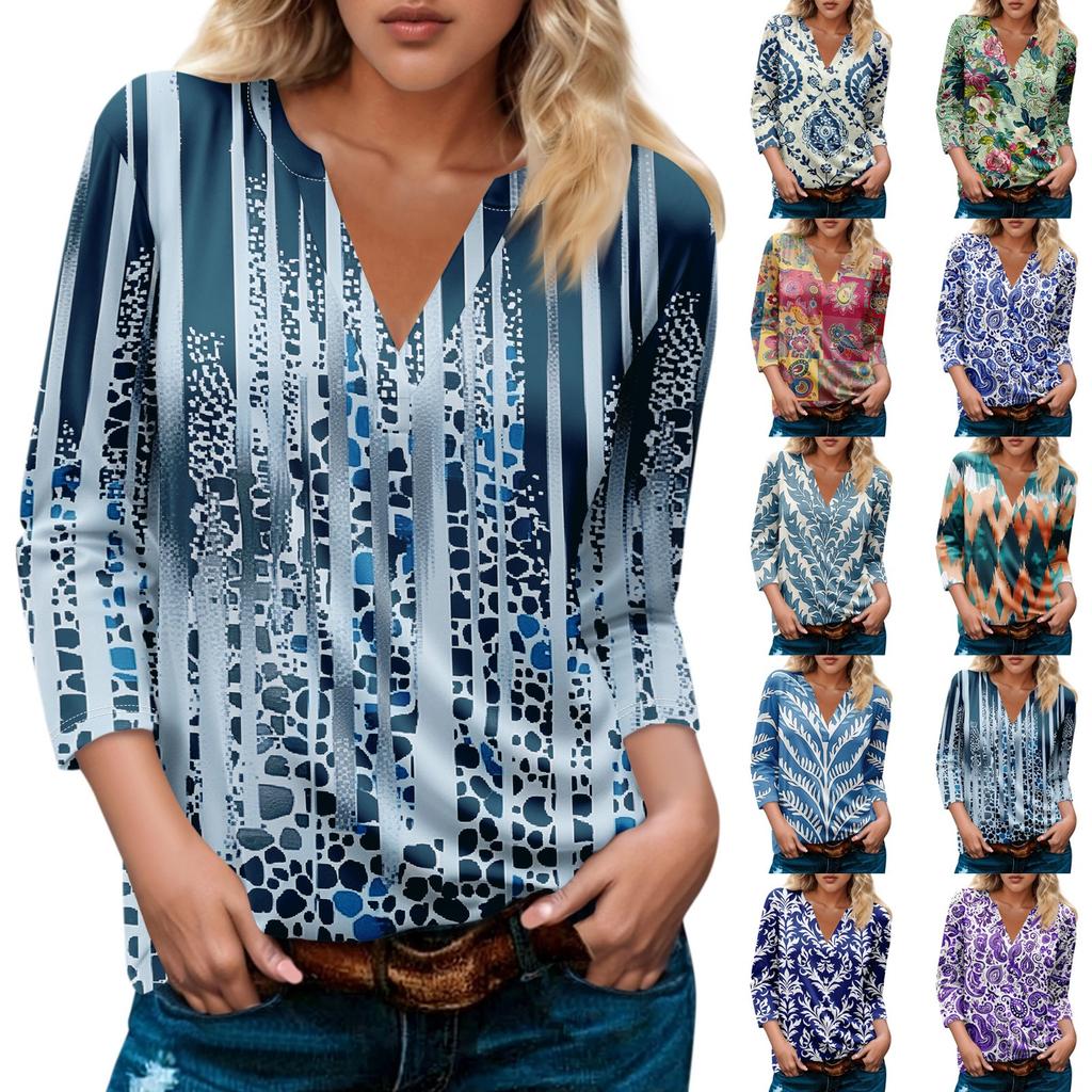 Женская модная и повседневная футболка с V-образным вырезом и рукавом 3/4, базовый топ с V-образным вырезом, обычный топ