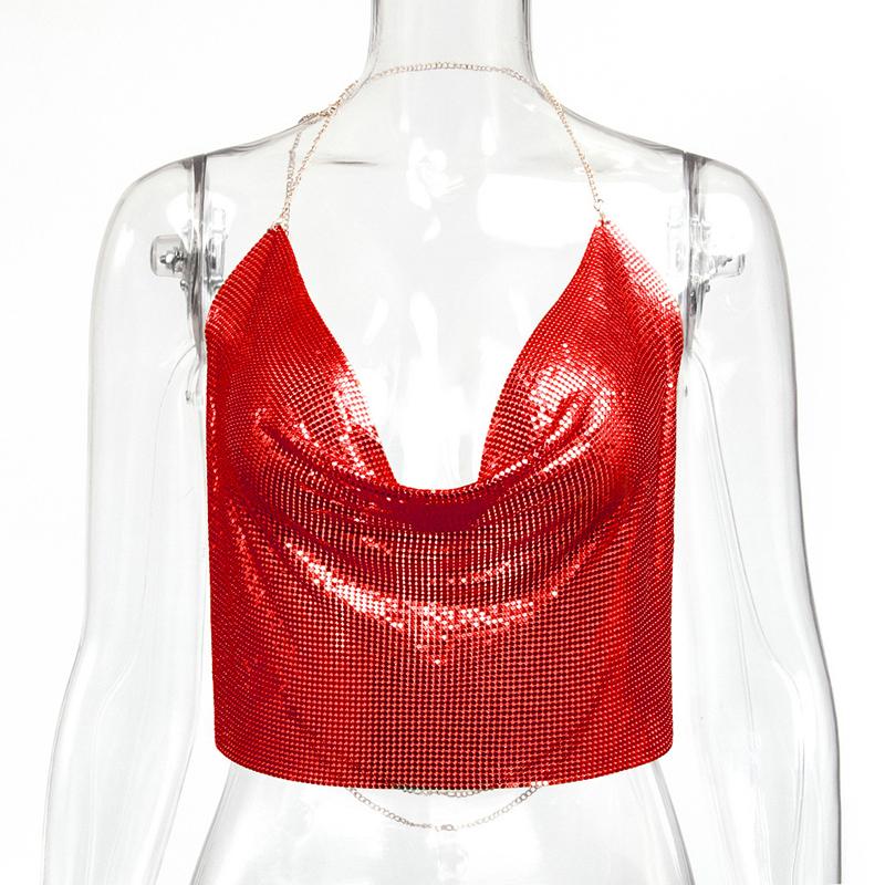 WTEMPO Party Metal Metallic Cropped Tops Women Beach Halter Corset Tops Glitter Night Club V-neck Sleeveless Tank Tops