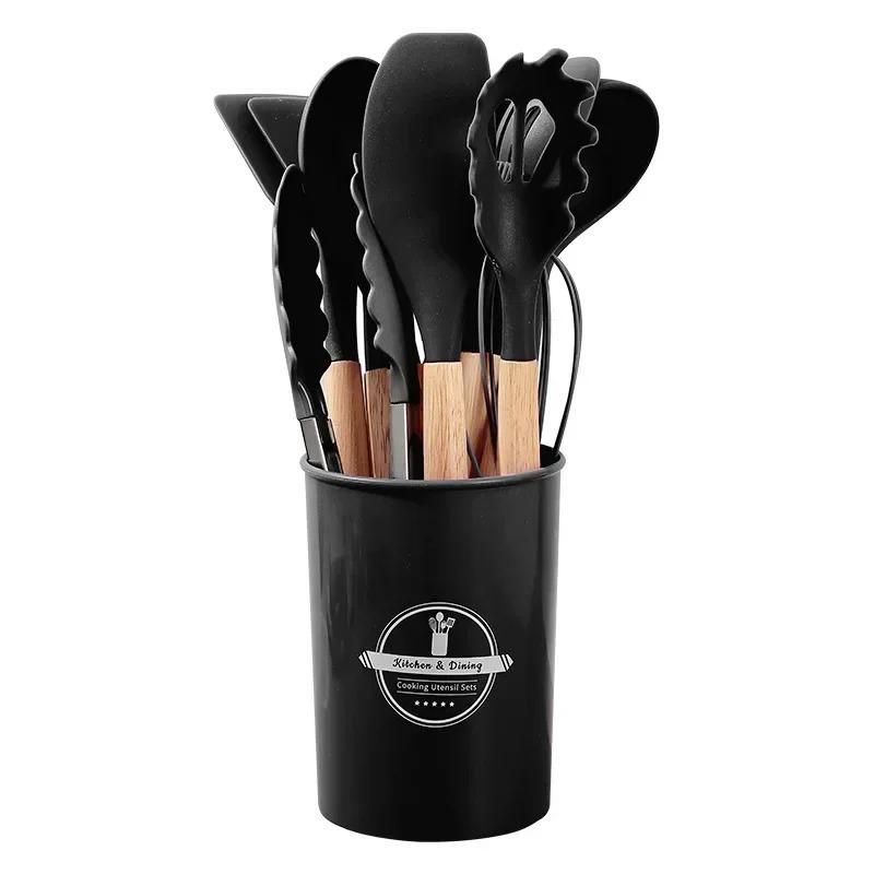 12PCS Silicone Kitchenware Non-Stick Cookware Kitchen Utensils Set Spatula Shovel Egg Beaters Wooden Handle Cooking Tool Set