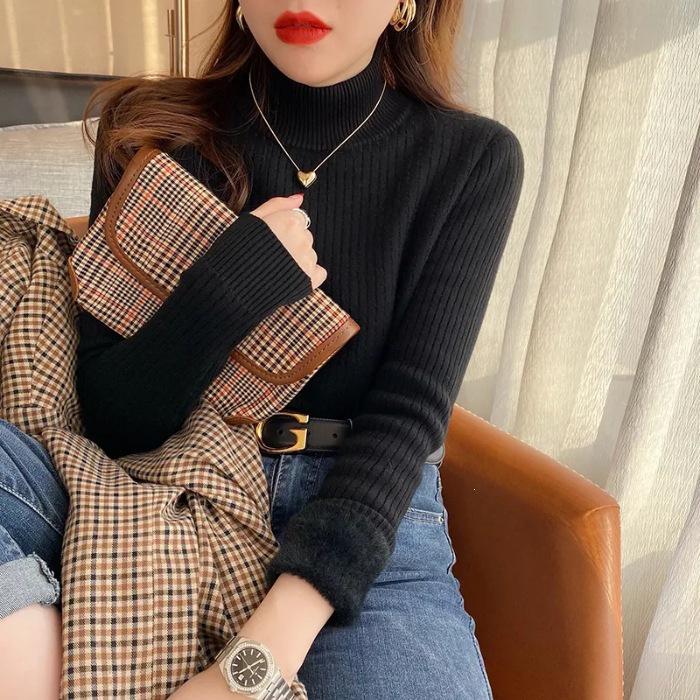 Women's Fleece-Lined Thick Sweater for Autumn/Winter, Half-High Collar Plush Base Layer, High-Grade Warm Top.