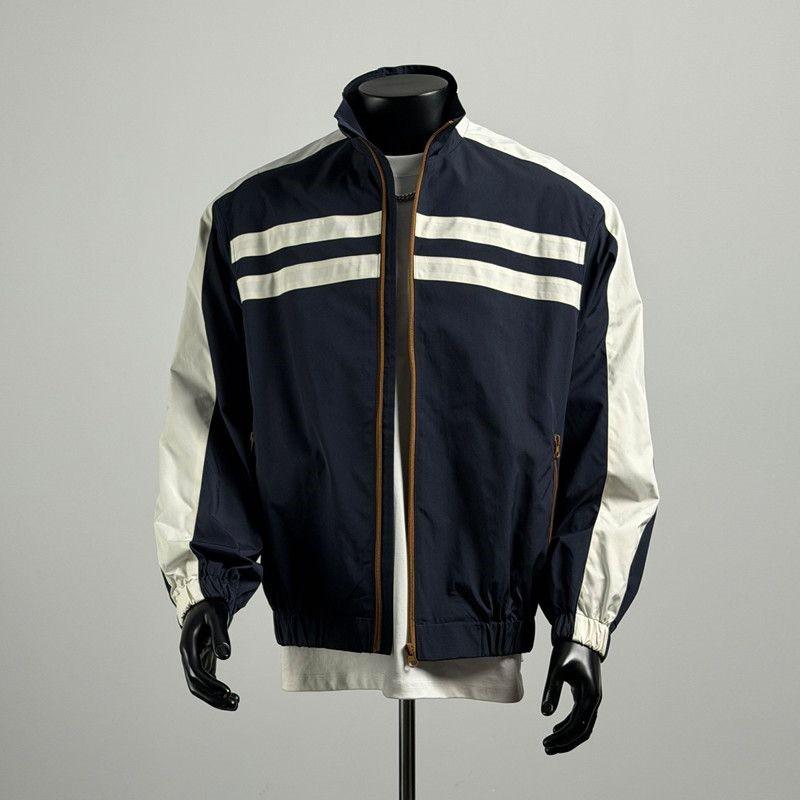 Mens Casual Oversized Workwear Jacket With Stand Collar Colorblock Design Windproof Water-Resistant