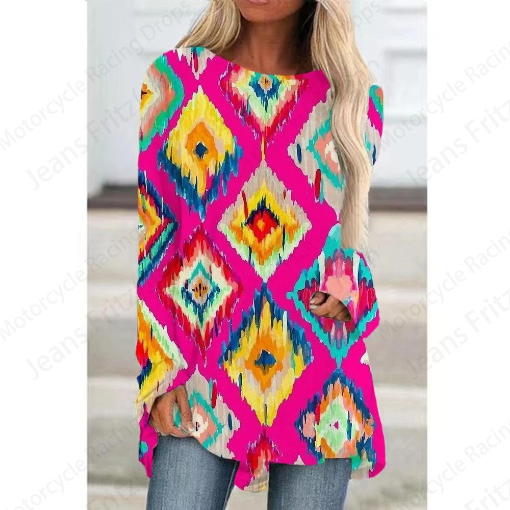Футболки с европейским узором и 3D-принтом, женская модная футболка, туника с длинным рукавом, повседневные длинные топы, футболка с цветочным принтом, женская одежда y2K