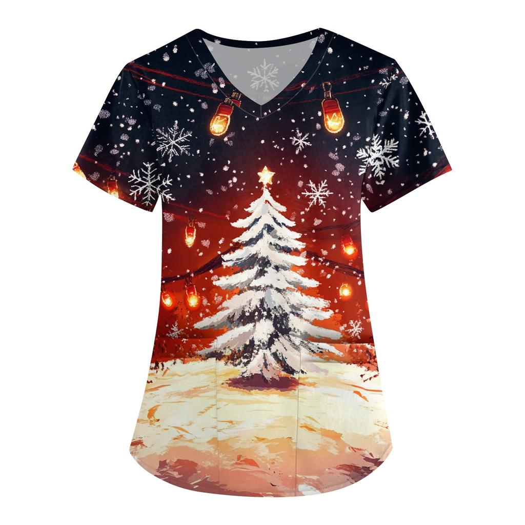 Женская симпатичная рабочая одежда с принтом, V-образным вырезом, двухслойными карманами, базовым коротким рукавом, пуловером на Рождество