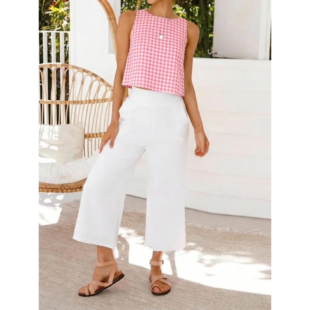 Summer New Women's Buttoned Crew Neck Sleeveless Plaid Cropped Tank Top for Leisure