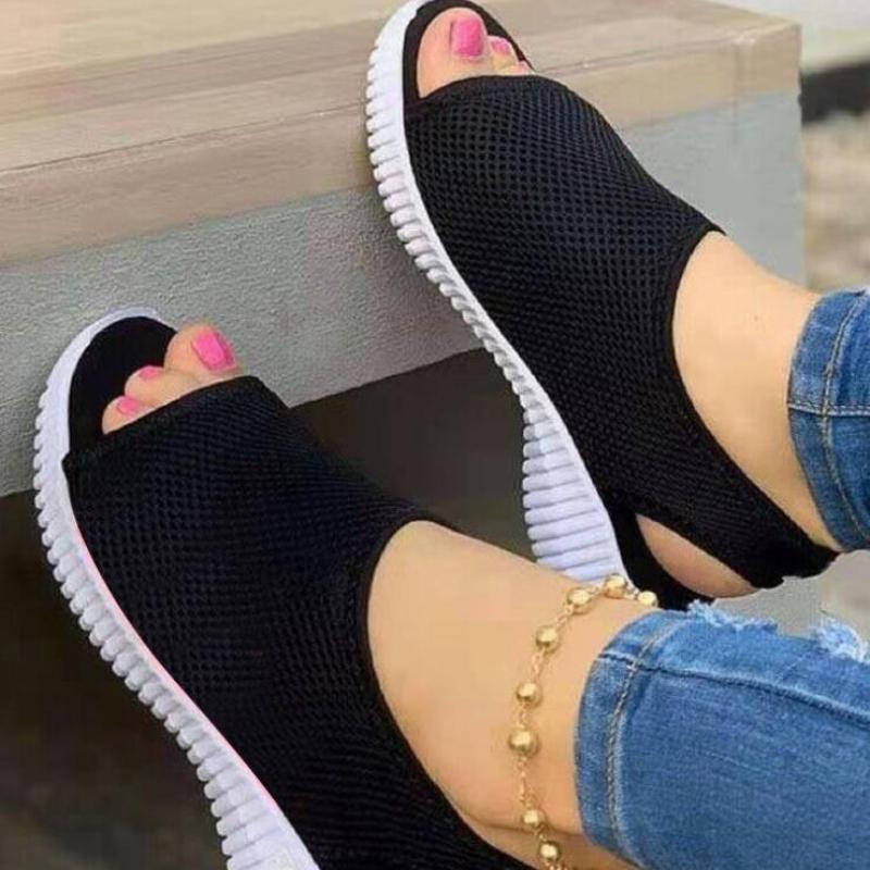 2024 Новые летние женские сандалии с круглым носком, с открытым носком, плоские сандалии, легкая дышащая сетчатая повседневная обувь, женская обувь без застежек