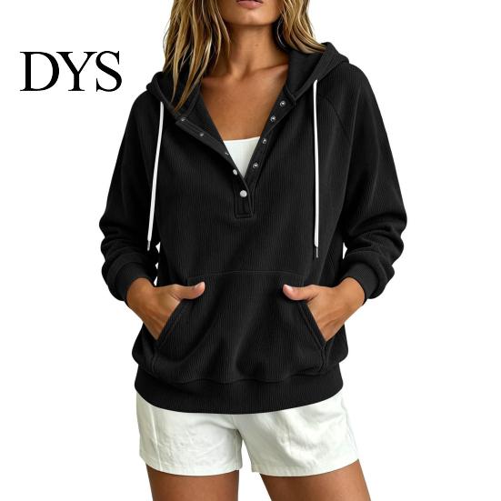 Breathable Autumn Sweatshirt Women Corduroy Hoodie with Kangaroo Pocket, Solid Color Long Loose Fit Top Sleeves Pullover Sweatshirt, Button