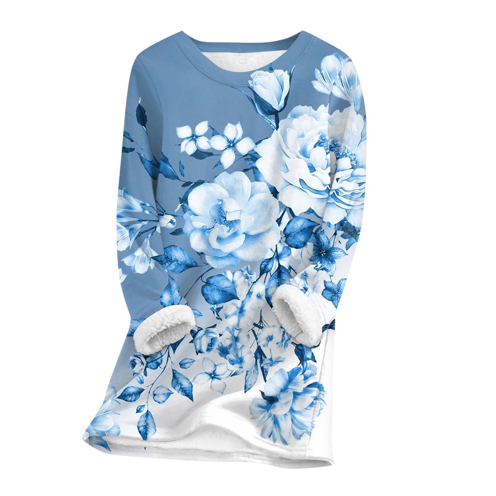 Женский топ с круглым вырезом и принтом из утолщенного плюша и кашемира, теплый длинный топ