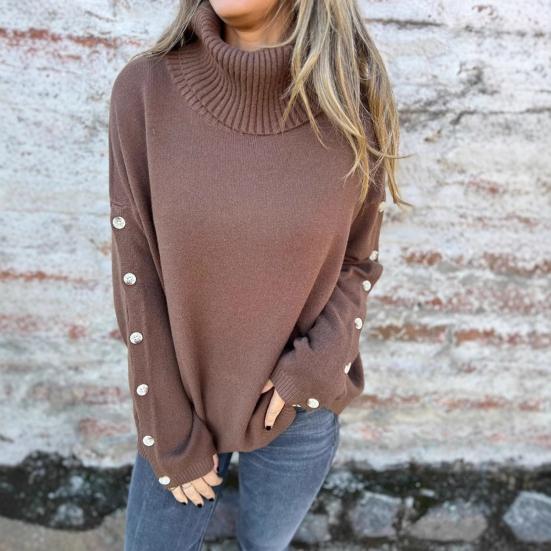 Женский свитер с высоким воротником, длинными рукавами, вязаный топ с рубчатой отделкой, однотонный, свободный низ, декорированный пуговицами, трикотаж