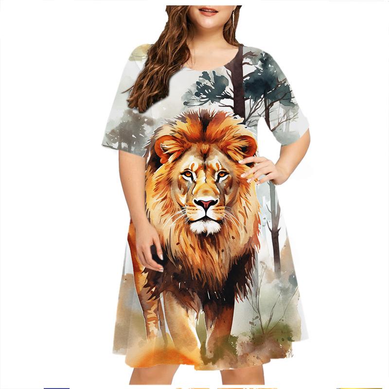 Женское свободное платье Animal Series с коротким рукавом и принтом льва в стиле тай-дай 3D, повседневное летнее платье в уличном стиле