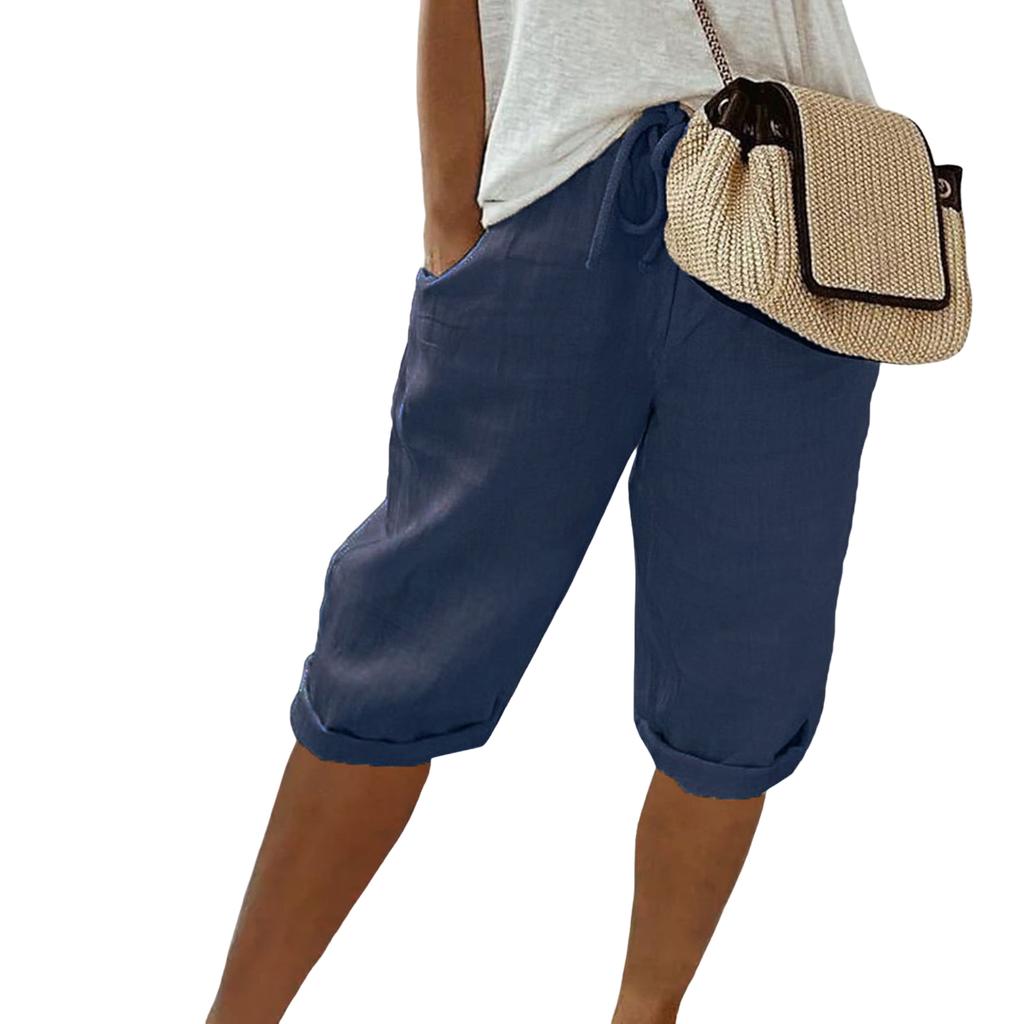 Брюки с эластичной талией, винтажный стиль, дышащие брюки длиной до колена с карманами для женщин, брюки с эластичной талией и завязками, однотонные