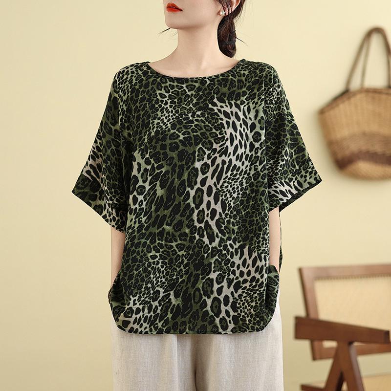 Короткий рукав свободного покроя хлопковый винтажный леопардовый повседневный свободный топ футболка женская летняя футболка