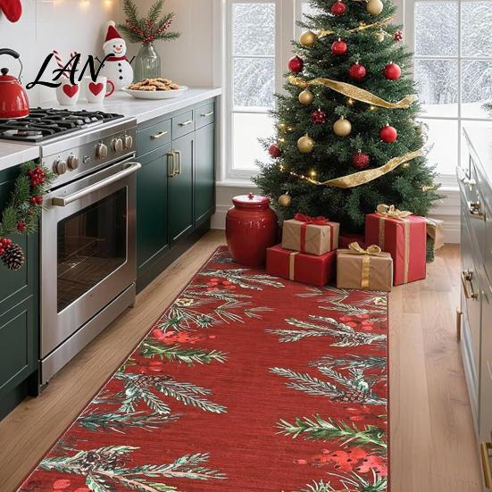 Hallway Runner Rug Christmas Rug, Watercolor Pine Branches Berries Pattern, Indoor Entryway Non Slip Kitchen Floor Mat 47.24"x15.75" for Holiday Home