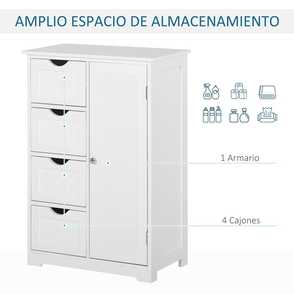 Bathroom Storage Cabinet, Door, 4 Drawers, Adjustable Shelf, 56 x 30 x 83 cm, White