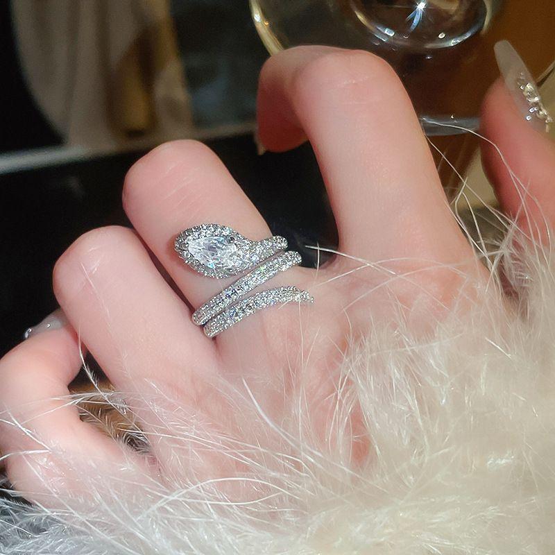 Luxury Zircon Sparkling Diamond Spirit Serpentine Ring Silver Open Ring High Quality Texture Simple and Versatile Trendy Cool Handmade for Women