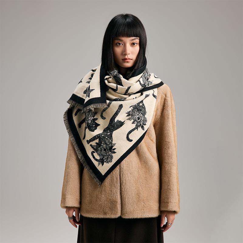 Autumn/Winter Double-Sided Imitation Cashmere Scarf with Cat Silhouette and Starry Sky Design