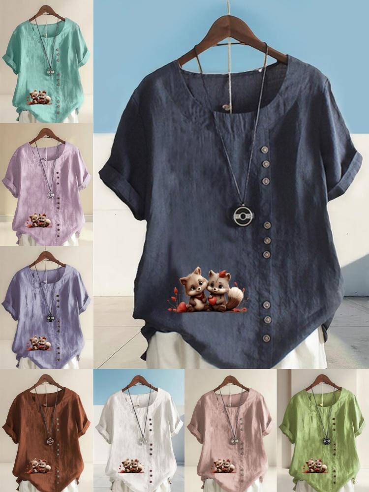 Women's Fashion Couple Bear Print Round Neck Short Sleeve T-shirt Summer Casual Cotton Linen Graphic Shirt Leisure Loose Blouse Tops