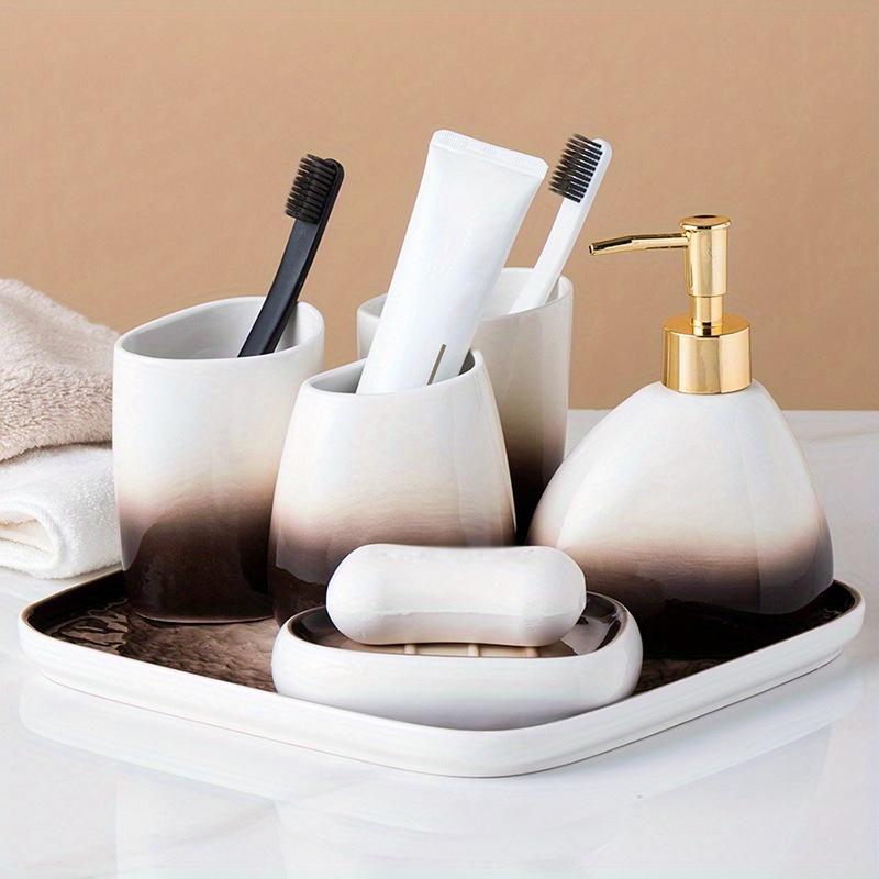 6 шт. 1 набор принадлежностей для ванной комнаты из керамической керамики коричневого цвета Advanced Gradual, 2 стаканчика для ополаскивателя для полости рта, 1 мыльница, 1 стаканчик для зубной щетки, 1 поднос, 1 баночка для лосьона Подарки Creative Home.