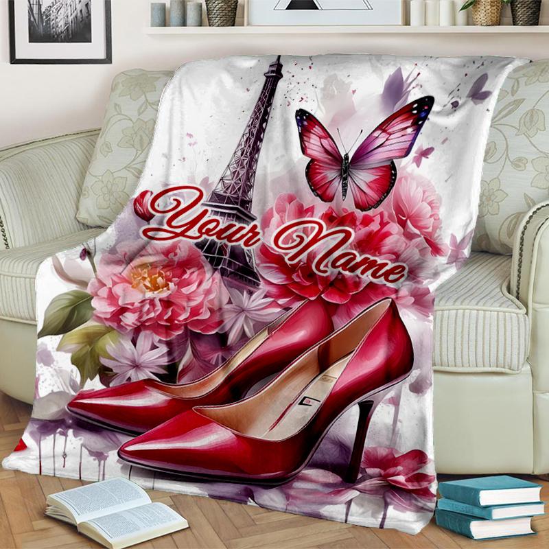 1PC Custom Name Fashionable Eiffel Tower Butterfly outdooor Flannel blankets Throw Blanket All-Season Throw Gift Bedspread for Couch, Bed, Camping Hol