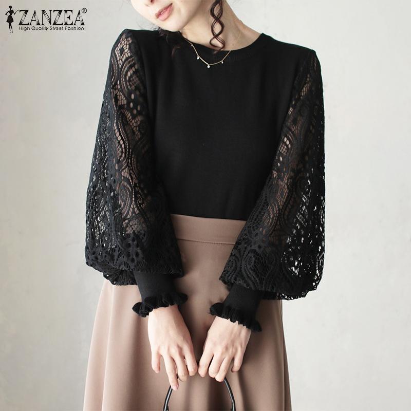 ZANZEA Женская повседневная блузка с длинным рукавом и кружевом с круглым вырезом