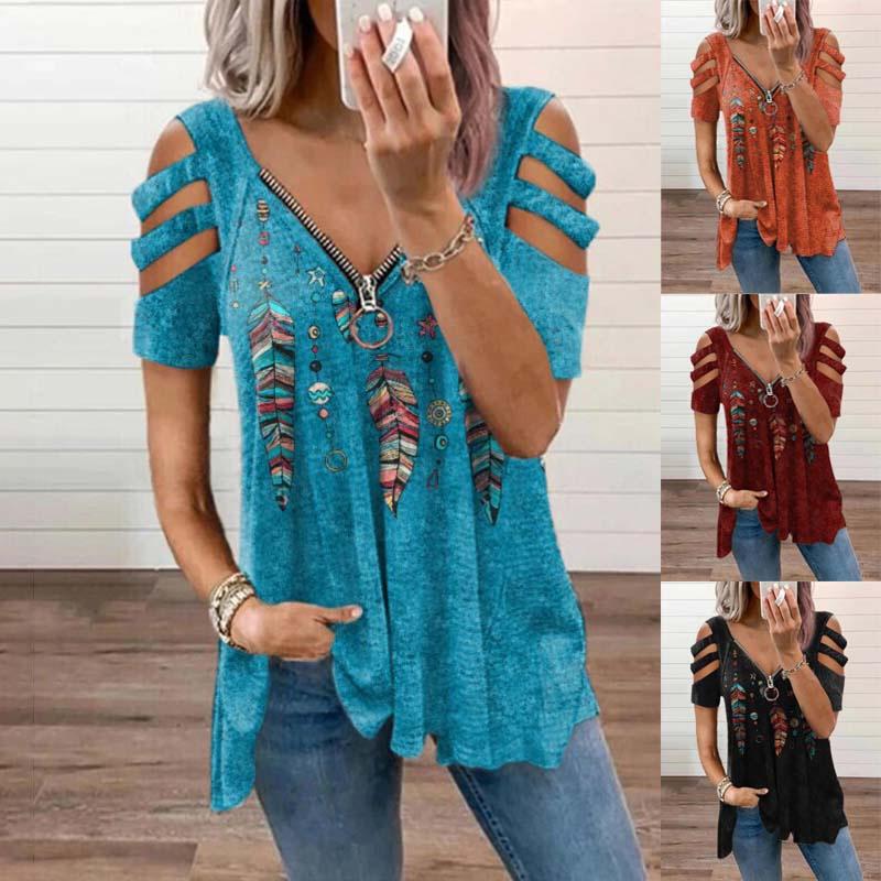 Женская летняя одежда Повседневная с открытыми плечами Топы с короткими рукавами Глубокий V-образный вырез Блузки на молнии Женская мода Футболка Свободные Большие размеры