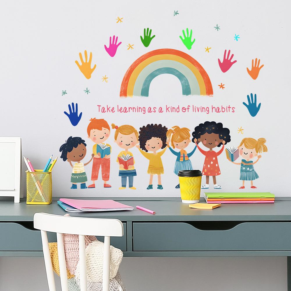 School Season English Slogan Rainbow Handprints Bedroom Living Room Home Background Beautification Decoration Wall Stickers