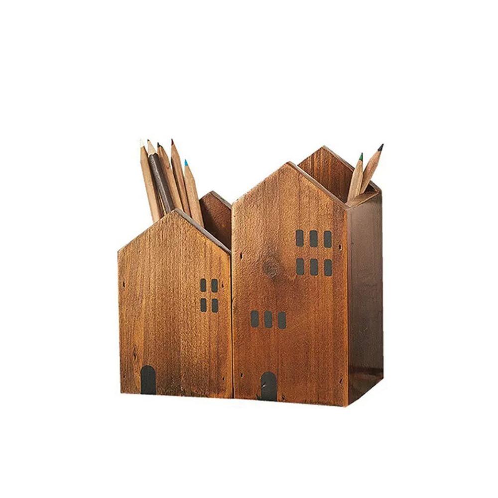 2PCS Cartoon House Shape Pen Container Wooden Makeup Brush Storage Box Stationery Rack  Gift