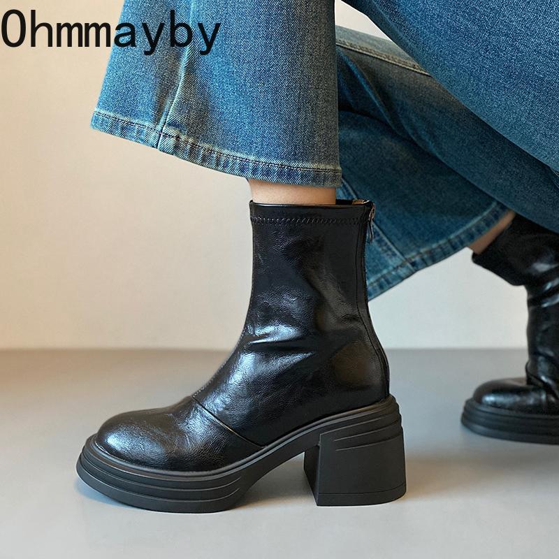Designer Women Stretch Modern Ankle Boots Fashion Thick Heel Shoes Concise Short Botas De Mujer