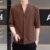 Мужская коричневая рубашка-henley из смешанной льняной ткани, с рукавом 3/4, свободного кроя, повседневная летняя топ