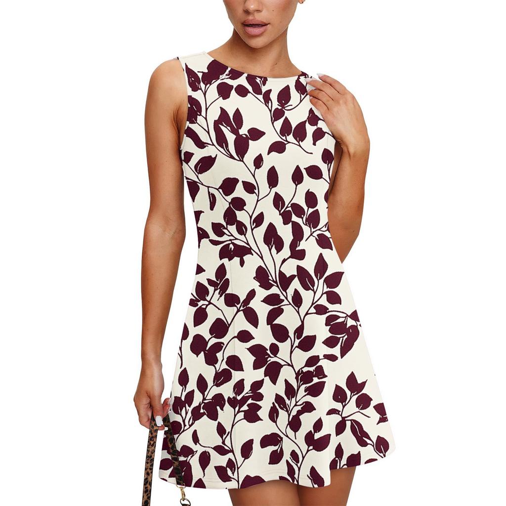 Women's Summer Dress Casual Sleeveless Round Neck Classical Leaf Print Vest Sundress