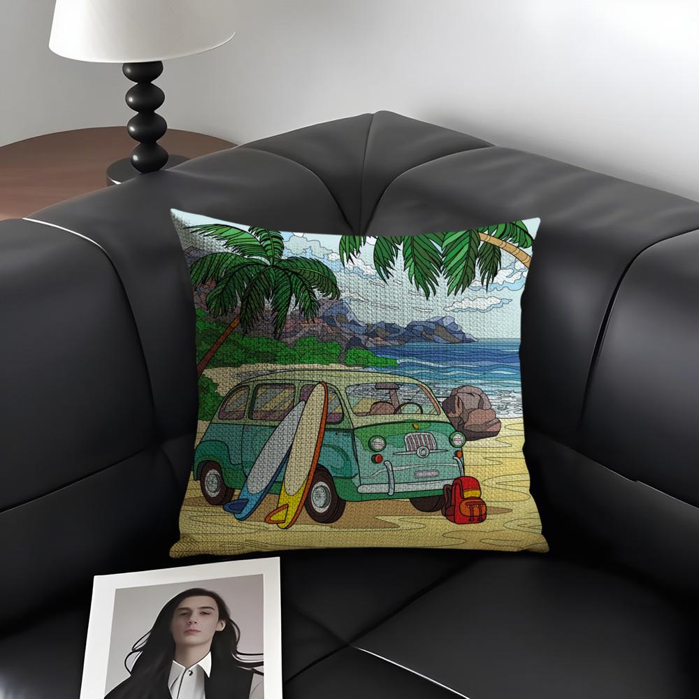 Happy Camper Cartoon House Cushion Cover Natural Linen Organic Fabric DoubleSided Printing Sofa Home Decor Gift Pillow Case