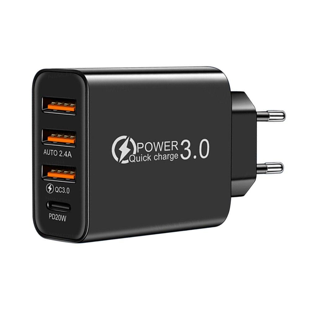 Зарядное устройство USB Type C, 4 порта 3.0 PD, адаптер питания для мобильного телефона, для iPhone Samsung Xiaomi, черный