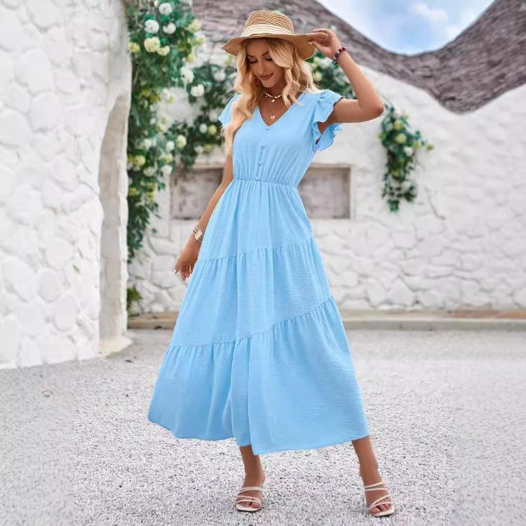 Women Summer Casual V-Neck Slim Dress Solid Color A-Line High Waist Layered Long Dresses Spring Short Lotus Leaf Sleeve S-XL