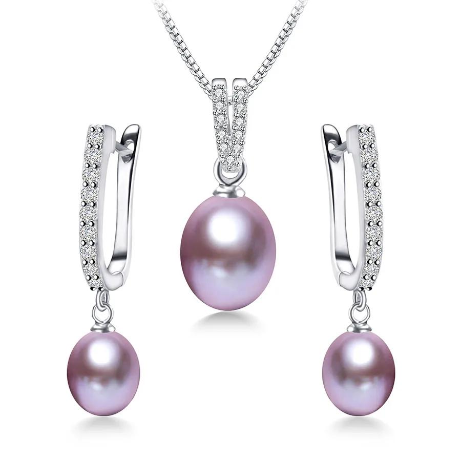 YWYC Horseshoe 8-9mm Rice Freshwater Pearl Earrings&Necklaces Jewelry Set for Women 925 Silver 45cm Pendant Necklace